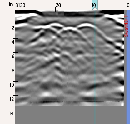 GPR - Column Bottom - Shows GPR scan of a concrete column with rebar locations shown as hyperbolas